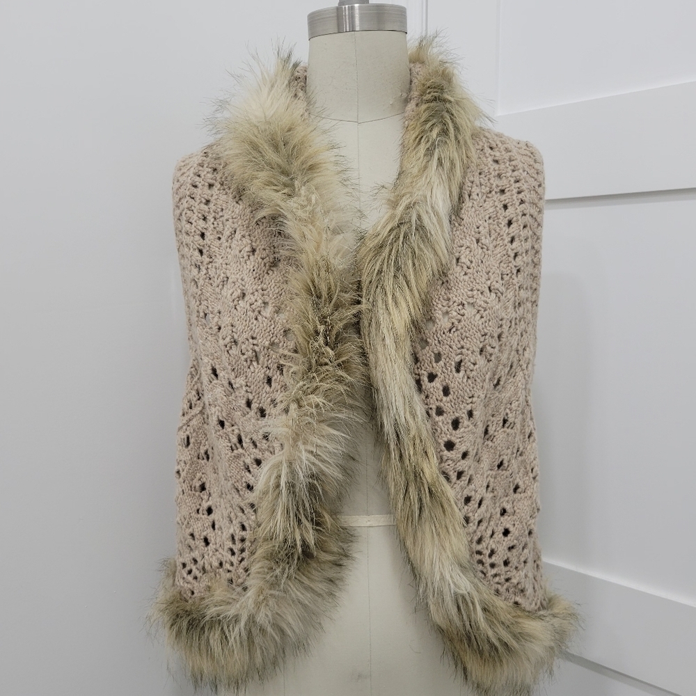 INC Faux Fur Wool Blend Crocheted Vest Boho Chic Artsy Size XL